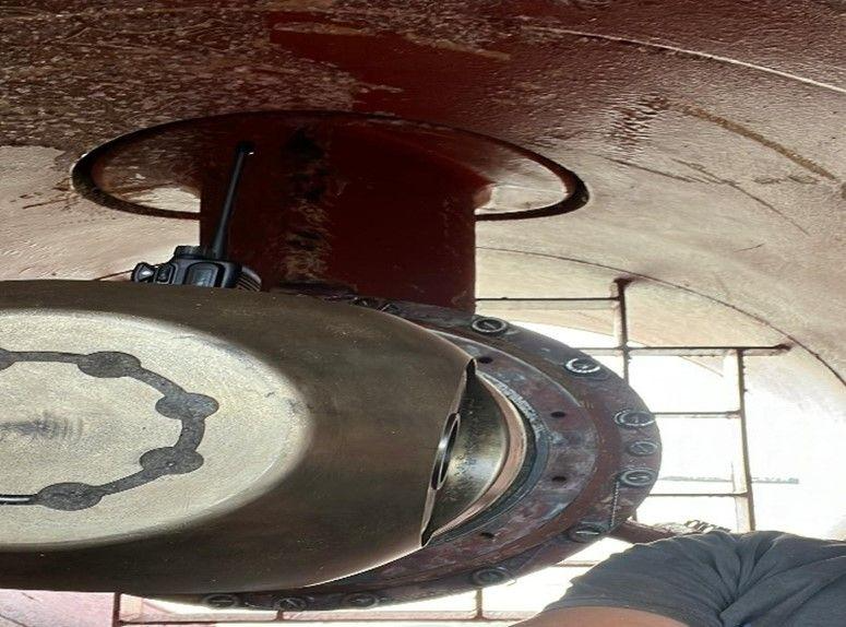 Bow thruster hub and flange inside the thruster tunnel with the vessel trimmed