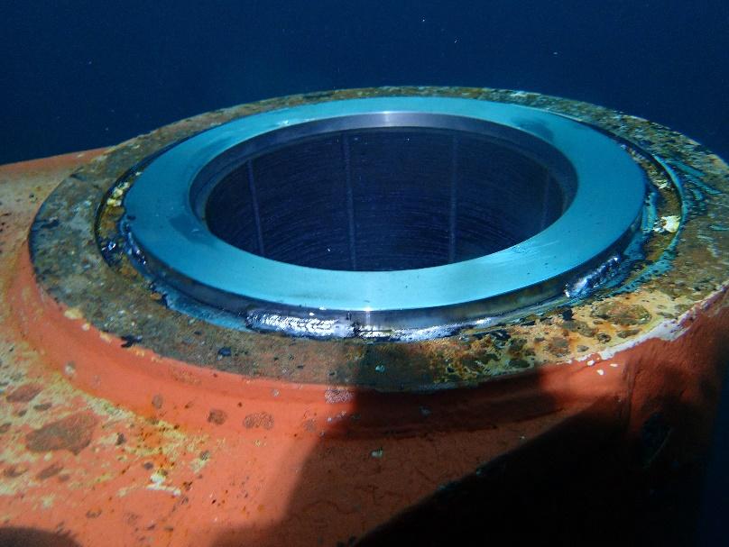 Machined pintle bore in a rudder after underwater repair